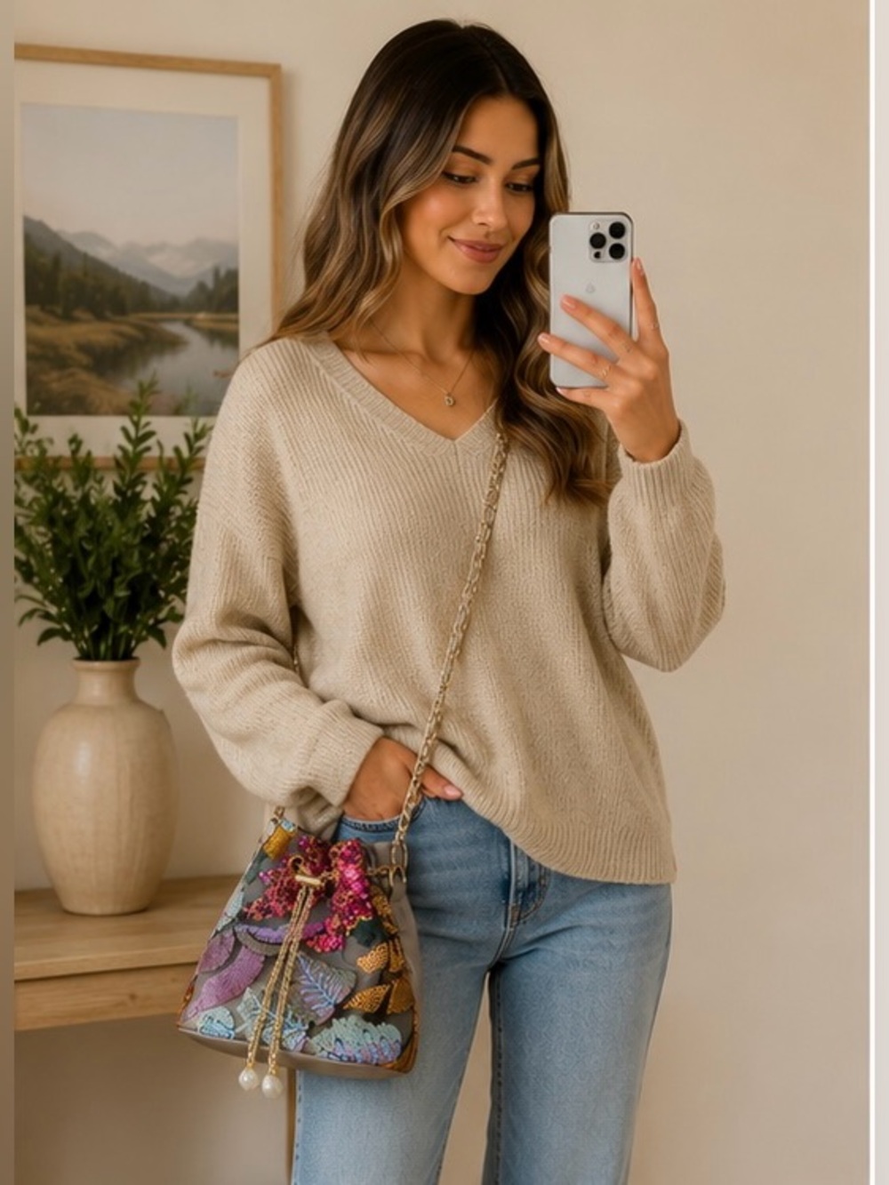 Embroidered Sequin Floral Bucket Bag Gold Chain Crossbody Purse